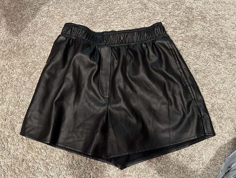 Timing Black Faux Leather High Waisted Elastic Waist Shorts